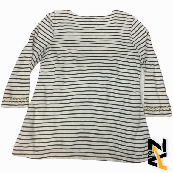 Vintage JM Collection Womens Top Size M White Blue Striped 3/4 Sleeves Pullover - Picture 2 of 8